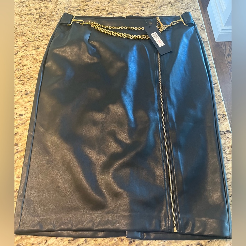 Donna Karan Black Leather Skirt with Gold Chain Detail